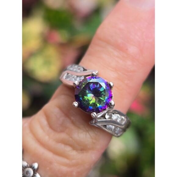Vintage Mystic Topaz, Cubic Zirconia and Sterling Silver Ring, Size 7 - Picture 1 of 7